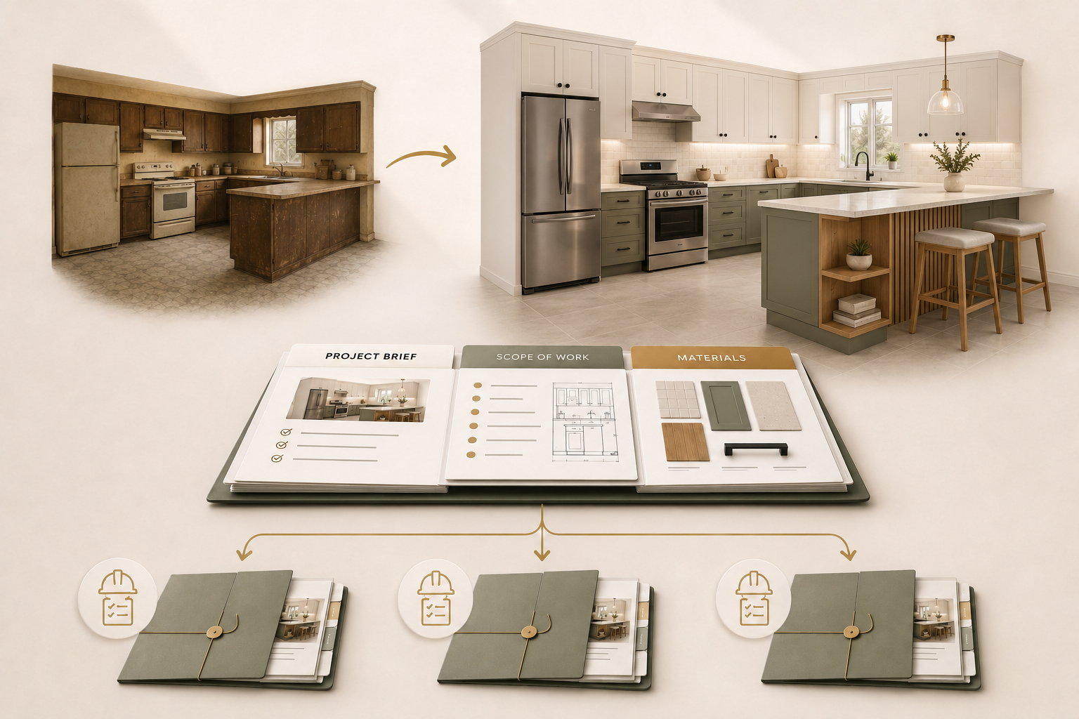 A dated kitchen transformed into a modern renovation concept above an organized project brief, scope of work and materials package distributed to three contractors for comparable quotes